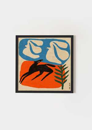 Black foal with two birds